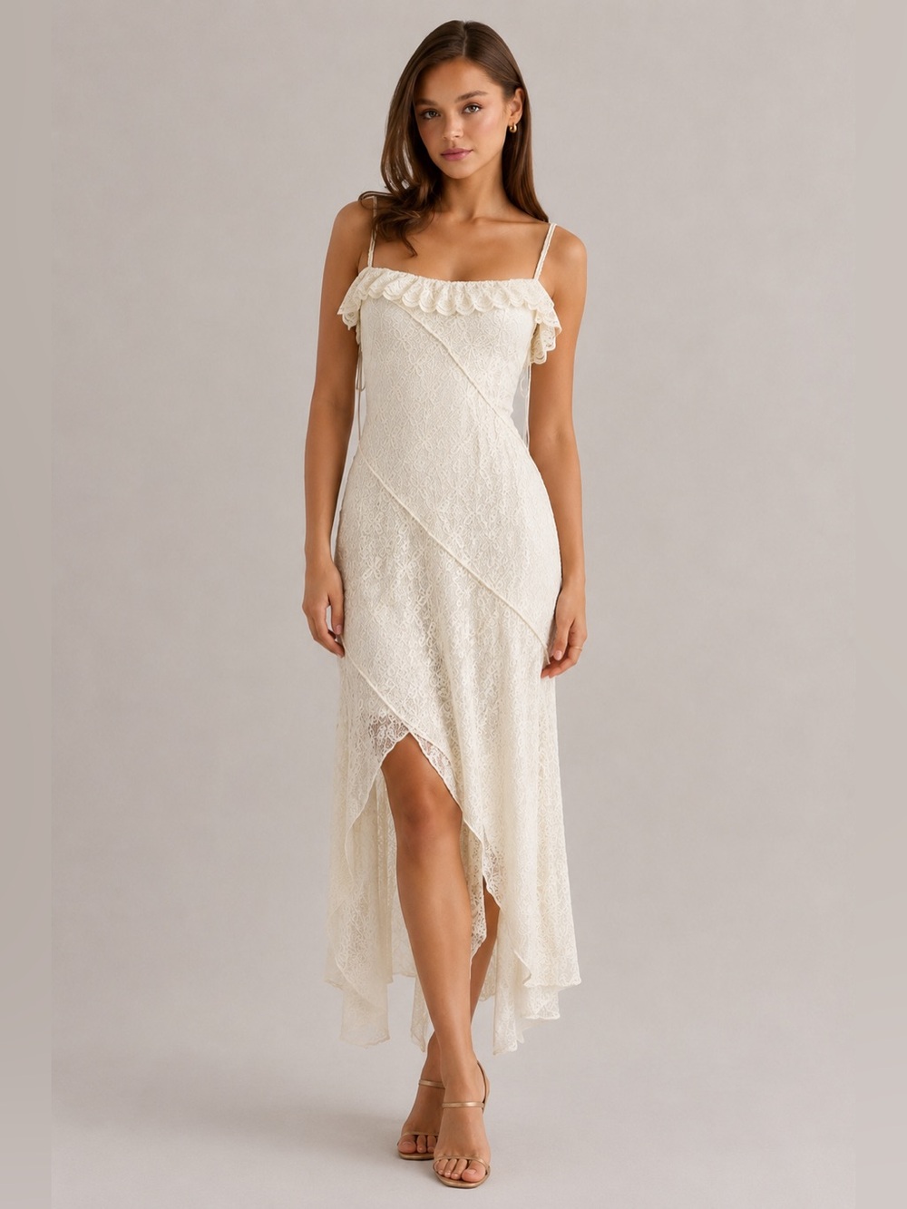 Cream Lace High-Low Slip Dress with Ruffle Detail - Picture 1 of 6